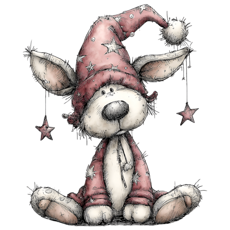 Christmas reindeer wearing a starry pink wizard hat with dangling star ornaments, Grey Barn Handwerk, Saskatchewan.